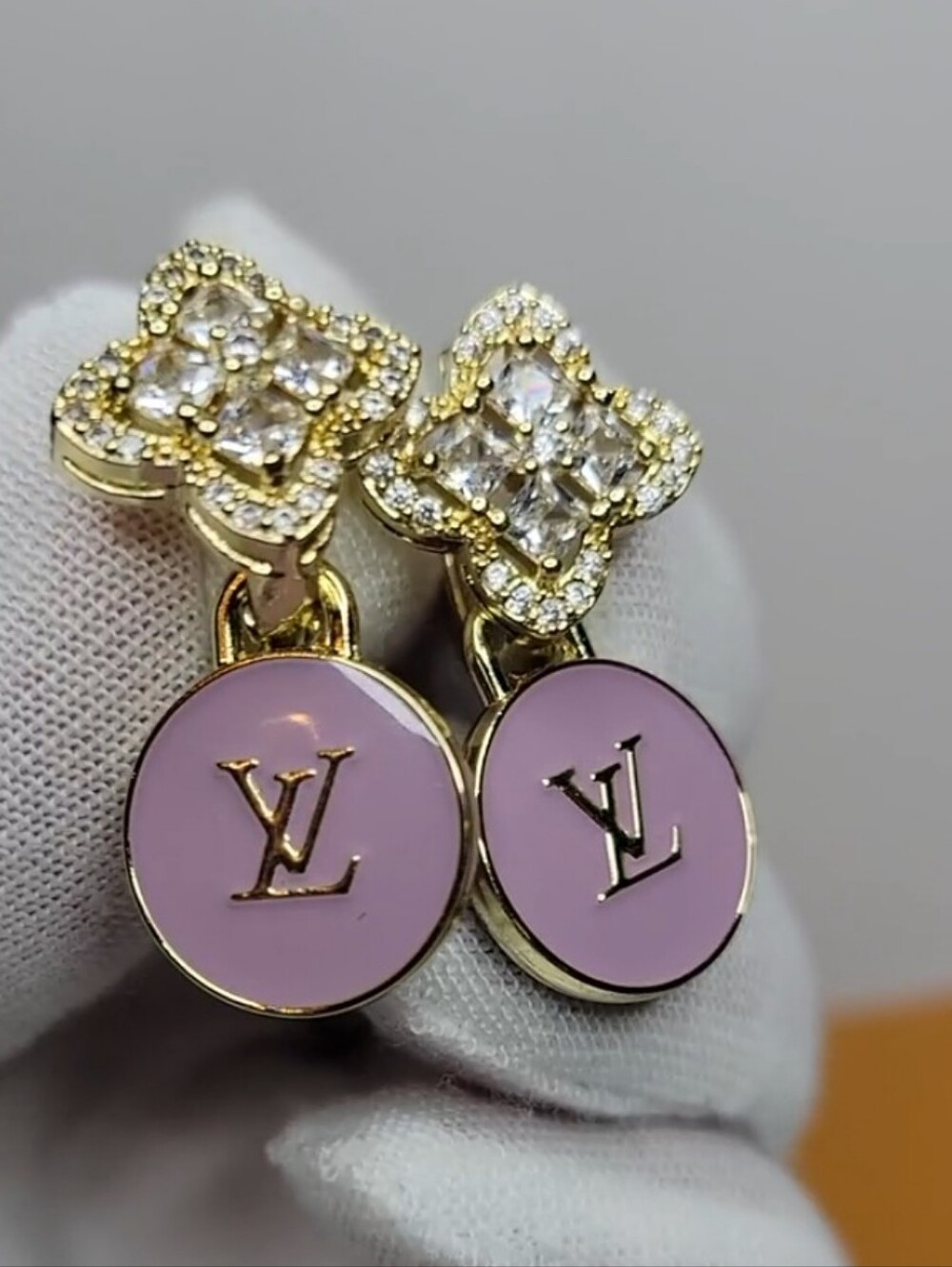 Cubic Zirconia Clover Earrings Lilac Double Sided LV Skittles zip Pulls